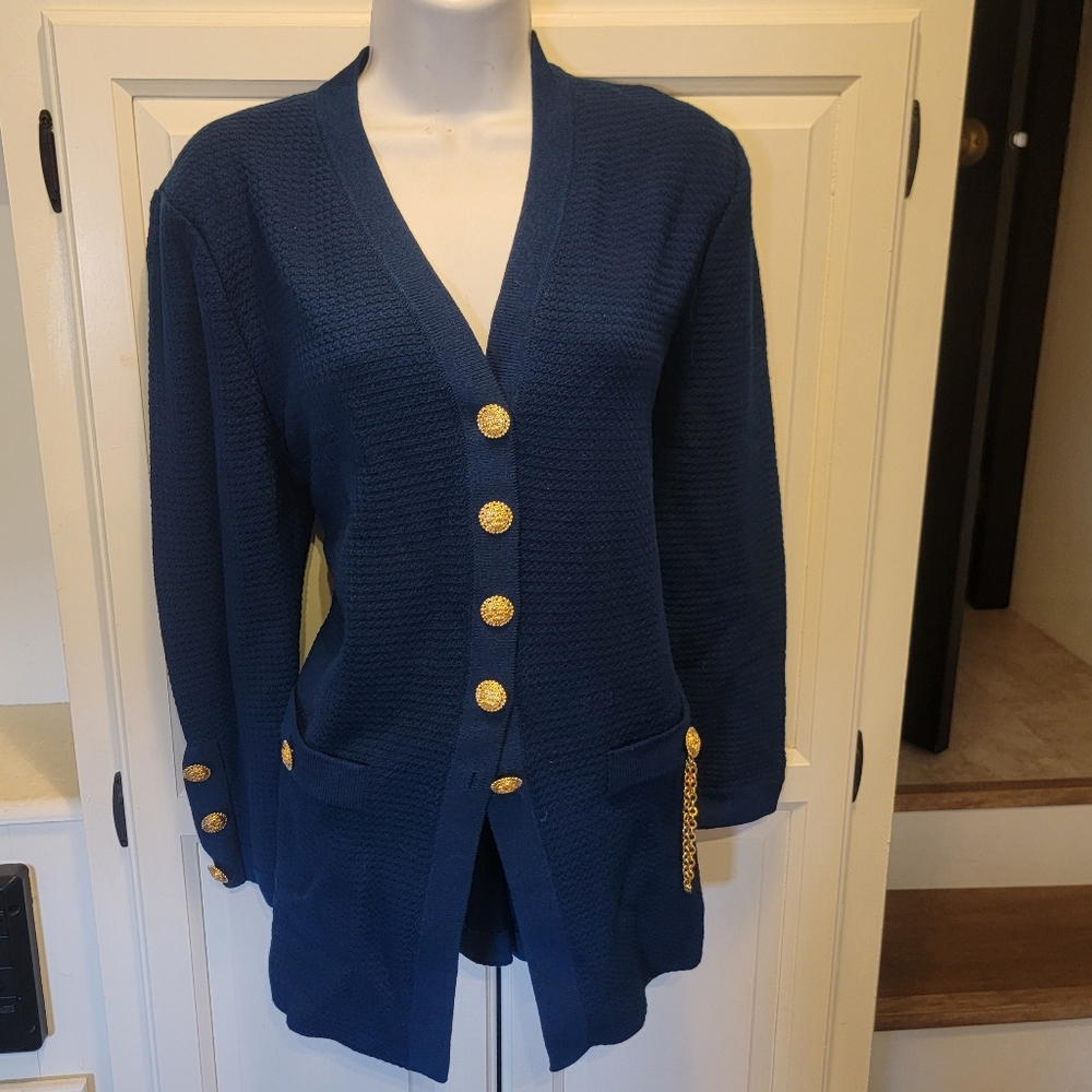 St. John Medium/ 8 Blue Cardigan with Gold Accents NWOT